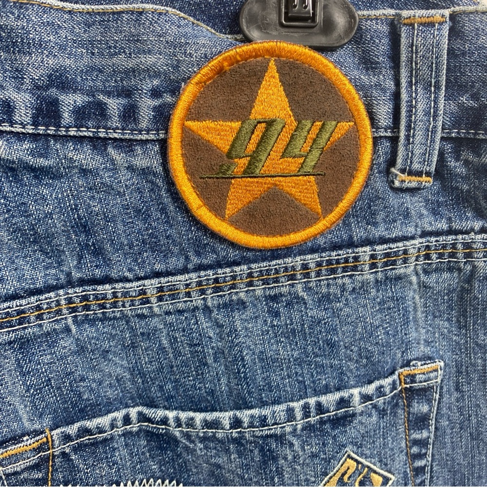 Clench Jeans Mens Y2K Jeans 36x32 Denim Grunge  Hip Hop Suede Stipe 2 Tone Patch - Picture 8 of 10